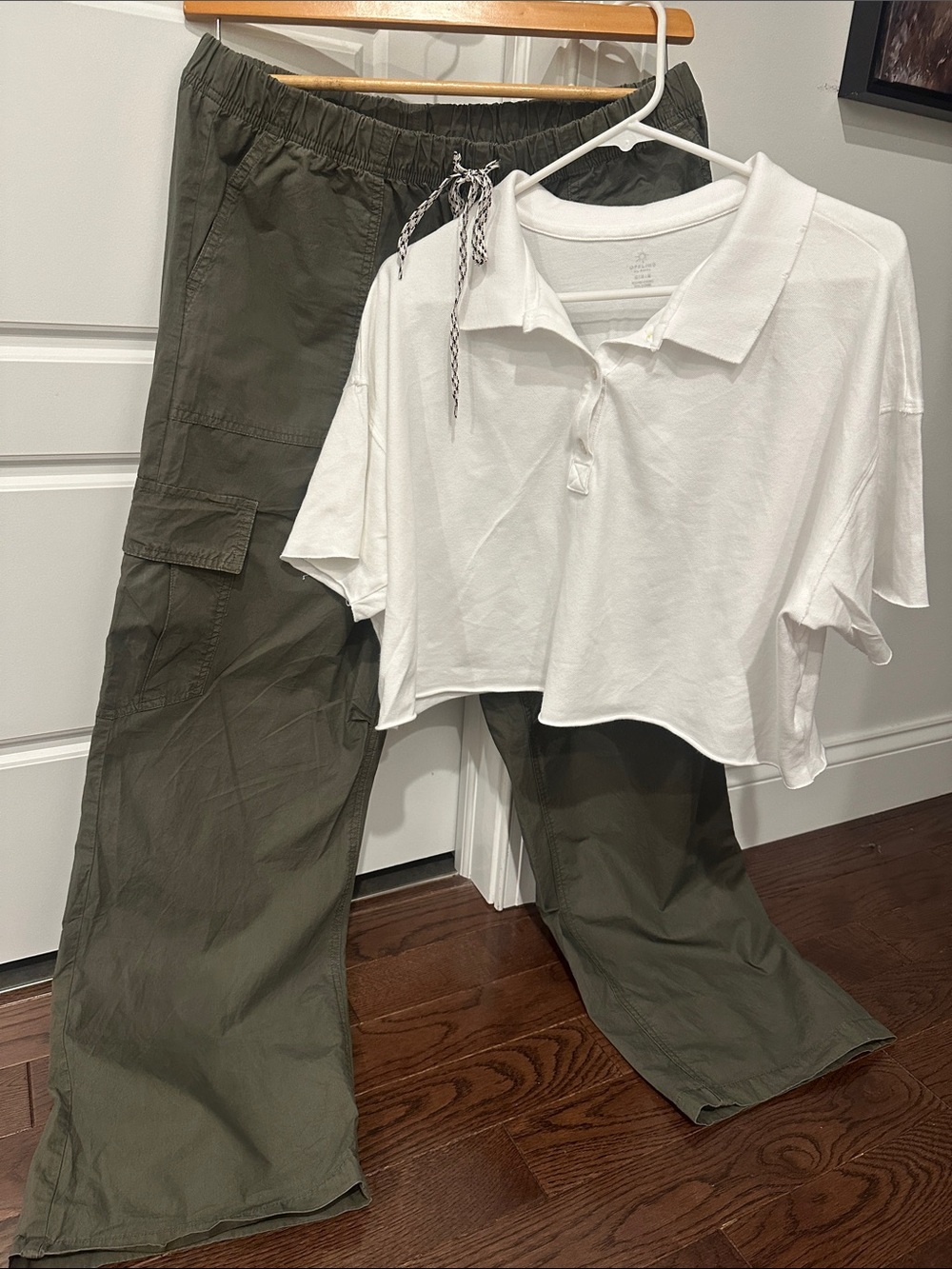 Aerie Olive Green Cargo Pants & White Polo Top 2-Piece Outfit Set